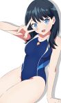  1girl absurdres bangs black_hair blue_eyes blue_one-piece_swimsuit breasts competition_swimsuit cowboy_shot gridman_universe highres long_hair looking_at_viewer medium_breasts one-piece_swimsuit sho_(shoshos_8888) simple_background sitting solo ssss.gridman straight_hair swimsuit takarada_rikka v_over_eye white_background 