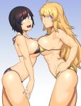  2girls :d ahoge alternate_breast_size bikini black_bikini black_hair blonde_hair breast_press breasts dyun from_side grey_eyes halterneck highres large_breasts long_hair looking_at_viewer looking_to_the_side micro_bikini multiple_girls open_mouth parted_lips purple_eyes ruby_rose rwby short_hair siblings sisters smile swimsuit symmetrical_docking thighs wavy_hair yang_xiao_long yellow_bikini 