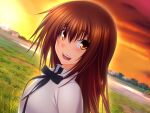  1girl :d bangs black_bow black_bowtie blunt_bangs blush bow bowtie brown_eyes brown_hair dress_shirt dusk dutch_angle game_cg kawagishi_keitarou kawakami_kazuko long_hair looking_at_viewer maji_de_watashi_ni_koi_shinasai! open_mouth outdoors shiny shiny_hair shirt smile solo straight_hair upper_body white_shirt 