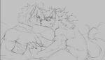  anthro awaldkize canid cheek_tuft collar duo eyes_closed facial_tuft hair hi_res horn inner_ear_fluff kissing male male/male mammal messy_hair monochrome neck_tuft nude short_hair simple_background sketch three-quarter_view tuft unsigned white_inner_ear_fluff 