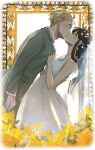  1boy 1girl alex_(sandora) black_hair blonde_hair bridal_veil closed_eyes collared_shirt dress flower formal green_jacket highres jacket kiss shirt spy_x_family suit surprised twilight_(spy_x_family) veil wedding_dress white_dress white_shirt yellow_flower yor_briar 