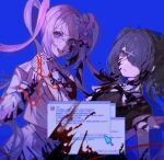  2girls :d absurdres ame-chan_(needy_girl_overdose) black_bow black_bowtie black_hair blood blood_on_arm blood_on_clothes blood_on_face blood_on_hands blue_background bow bowtie brown_dress chinese_commentary chouzetsusaikawa_tenshi-chan closed_mouth commentary cursor dress grey_eyes hair_bow hair_ornament hair_over_one_eye heart heart_hair_ornament highres looking_at_viewer medium_hair multicolored_hair multiple_girls needy_girl_overdose one_eye_covered open_mouth pink_hair self_harm shirt simple_background skirt smile string teeth twintails upper_teeth white_hair white_shirt white_skirt window_(computing) yan_ge 