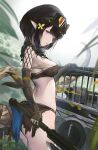  1girl arknights black_hair blue_eyes breasts brown_gloves brown_shorts eunectes_(arknights) gloves goggles goggles_on_head highres holding looking_at_viewer masai_no_senshi medium_breasts parted_lips pointy_ears short_hair shorts snake_tail tail torn_clothes 