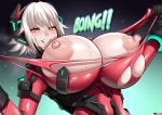  1girl android bodysuit breasts breasts_out english_commentary glowing glowing_eyes highres horns huge_breasts looking_at_viewer mechanical_horns nipples red_bodysuit sharp_teeth short_hair simple_background slit_pupils smile sound_effects standing steve_chopz tearing_clothes teeth torn_clothes upper_body virtual_youtuber vshojo white_hair yellow_eyes zentreya_(vtuber) 