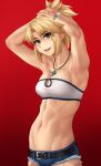  1girl abs armpits bangs bare_shoulders blonde_hair blush braid breasts collarbone fate/apocrypha fate_(series) french_braid green_eyes hair_ornament hair_scrunchie highres long_hair looking_at_viewer mordred_(fate) mordred_(fate/apocrypha) navel open_mouth parted_bangs ponytail red_scrunchie scrunchie sidelocks small_breasts smile sockinajar solo 