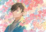  1boy blue_jacket brown_hair cherry_blossoms dappled_sunlight fate/grand_order fate_(series) flower grey_kimono hair_over_one_eye hair_pulled_back haori jacket japanese_clothes kimono looking_at_viewer male_focus n_oel pink_flower purple_eyes short_hair smile solo sunlight upper_body yamanami_keisuke_(fate) 
