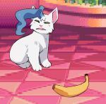  banana blue_hair capcom cat_no_like_banana darkstalkers domestic_cat fangs felicia_(darkstalkers) felid feline felis female feral food frown fruit fur green_eyes hair mammal pink_inner_ear plant screencap screencap_background unknown_artist video_games whiskers white_body white_fur 