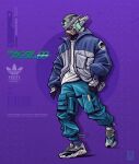  adidas artist_name blue_jacket blue_pants clothed_robot copyright_name english_commentary green_eyes grey_jacket gundam gundam_00 gundam_exia highres instagram_username jacket kensuke_creations logo mecha mobile_suit multicolored_clothes multicolored_jacket no_humans open_hand pants purple_background robot shirt shoes sneakers solo sweatpants two-tone_jacket v-fin walking white_shirt yeezy_(brand) 