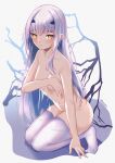  1girl bangs blush breasts collarbone covering covering_breasts fairy_knight_lancelot_(fate) fate/grand_order fate_(series) forked_eyebrows kneeling long_hair looking_at_viewer navel nude open_mouth sidelocks small_breasts thighhighs thighs tinnies white_hair white_thighhighs yellow_eyes 