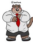  2022 anthro biped black_nose blush bottomwear clothing felid hi_res jakegr male mammal necktie overweight overweight_male shirt shorts simple_background solo topwear 