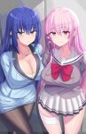  2girls bangs blue_eyes blue_hair blush breasts business_suit chin_gero cleavage earrings engage_kiss formal highres jewelry kisara_(engage_kiss) large_breasts looking_at_viewer multiple_girls pantyhose pencil_skirt ribbon school_uniform skirt suit yuugiri_ayano 