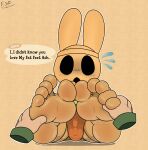  5_toes animal_crossing anthro brown_body clothing coco_(animal_crossing) disembodied_hand duo electricsnowfox feet female foot_fetish foot_focus foot_rub gyroid hi_res lagomorph leporid mammal nintendo rabbit sitting soles toes video_games 