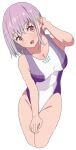  1girl absurdres breasts competition_swimsuit cropped_legs gridman_universe highres large_breasts leaning_forward light_purple_hair looking_at_viewer one-piece_swimsuit red_eyes shinjou_akane sho_(shoshos_8888) short_hair solo ssss.gridman swimsuit two-tone_swimsuit white_one-piece_swimsuit 
