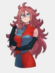  1girl :o android_21 black_sleeves blue_eyes breasts checkered_clothes checkered_dress detached_sleeves dragon_ball dragon_ball_fighterz dress earrings glasses grey_background hair_between_eyes hoop_earrings jewelry kemachiku large_breasts long_hair looking_up red_hair simple_background solo 