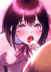  1boy 1girl azki_(hololive) breasts censored facial_mark hetero highres hololive looking_at_viewer nipples nude open_mouth penis purple_eyes purple_hair small_breasts teeth tongue tongue_out virtual_youtuber zabudog777 