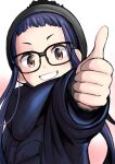  1girl beanie black-framed_eyewear black_coat blush brown_eyes coat glasses gradient gradient_background grin hat highres long_hair looking_at_viewer n2midori oogaki_chiaki purple_hair smile solo thumbs_up upper_body winter_clothes yurucamp 