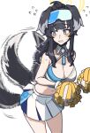  2022 absurd_res animal_humanoid black_hair blue_archive blush bottomwear breasts canid canid_humanoid canine canine_humanoid cheerleader cleavage clothed clothing dog_humanoid female hair hi_res hibiki_nekozuka humanoid mammal mammal_humanoid pom_poms powtaytow3333 shirt_collar skirt solo tail_motion tailwag 