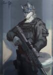  absurd_res anthro awaldkize black_bottomwear black_clothing black_nose black_pants blue_eyes bottomwear canid cheek_tuft clothed clothing facial_tuft fur glistening glistening_eyes grey_body grey_clothing grey_ears grey_fur grey_topwear gun head_tuft hi_res holding_sniper_rifle inner_ear_fluff male mammal mouth_closed neck_tuft pants portrait ranged_weapon rifle signature simple_background sniper_rifle solo standing three-quarter_portrait three-quarter_view topwear tuft weapon white_body white_fur white_inner_ear_fluff 