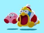  alien aruco_coo big_eyes bird blush cloak hat highres king_dedede kirby kirby_(series) open_mouth penguin red_cloak red_headwear surprised 