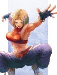  1girl :d abs bare_shoulders belt blonde_hair blue_eyes blue_mary breasts commentary_request crop_top fatal_fury fingerless_gloves full_body gloves halterneck highres jewelry looking_at_viewer midriff mitsu_plus navel necklace pants short_hair sleeveless smile solo squatting straight_hair the_king_of_fighters the_king_of_fighters_xv 