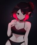  1girl black_bra black_hair black_panties blush borrowed_character bra breasts cleavage closed_mouth gradient_hair hair_bun heart highres large_breasts lips looking_at_viewer multicolored_hair navel original panties pointy_ears red_hair rukiadaichi short_hair sweat underwear 