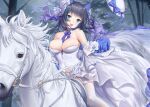  1girl animal_ears azur_lane bare_shoulders between_breasts blue_eyes breasts bustier cheshire_(azur_lane) cheshire_(the_cat_and_the_white_steed)_(azur_lane) chromatic_aberration cleavage detached_sleeves dress evening_gown fake_animal_ears forest haneru headwear_removed highres horse horseback_riding large_breasts long_dress long_hair looking_at_viewer multicolored_hair nature official_alternate_costume outdoors purple_hair riding solo strapless strapless_dress streaked_hair thighhighs two-tone_hair white_headwear white_horse white_thighhighs 