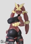  anthro big_breasts breasts brown_body butt female grey_background lewd_skr looking_at_viewer mega_evolution mega_lopunny nintendo pokemon pokemon_(species) simple_background smile solo thick_thighs video_games 