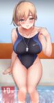  1girl absurdres bare_arms bare_legs bare_shoulders blue_eyes blush breasts brown_hair closed_mouth clothes_writing collarbone competition_swimsuit feet_out_of_frame groin hair_between_eyes highres intrepid_(kancolle) kantai_collection large_breasts nuka_(nvkka) one-piece_swimsuit ponytail short_hair sitting soaking_feet solo swimsuit whistle whistle_around_neck 