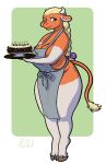  2022 anthro apron apron_only big_breasts bovid bovine braided_hair breasts cake cattle clothed clothing curvaceous curvy_figure dessert digital_media_(artwork) eyebrows eyelashes fan_character female food haibet hair hi_res horn huge_breasts long_hair looking_at_viewer maita_(character) mammal mostly_nude simple_background smile solo thick_thighs topwear voluptuous wide_hips 
