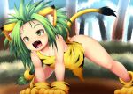  1girl 2019 all_fours animal_ear_fluff animal_ears animal_hands animal_print bare_shoulders bottomless breasts bush cat_ears cat_girl cham_cham forest gloves green_eyes grey_hair light_blush long_hair lower_teeth machimote_taikou nature open_mouth paw_gloves paw_shoes samurai_spirits small_breasts spiked_hair spread_legs tail teeth tiger_ears tiger_girl tiger_paws tiger_print tiger_tail tongue tree upper_teeth 