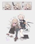  1boy 1girl :d :o ? angel arknights black_bag black_jacket black_skirt blonde_hair blue_eyes blush brown_footwear cecelia_(arknights) closed_eyes collared_shirt commentary cup detached_wings disposable_cup enforcer_(arknights) female_child fingernails flower grey_necktie grey_pants grey_socks hair_flower hair_ornament halo happy highres holding holding_cup jacket long_hair looking_at_another mug necktie pants poncho purple_eyes sandals shirt shoes short_hair skirt smile socks spoken_question_mark symbol-only_commentary thurim6 twitter_username white_flower white_hair white_shirt wings 