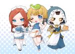  3girls alternate_costume android animal_on_arm animification apex_legends apron ash_(titanfall_2) ashleigh_reid black_sclera blonde_hair blue_dress blue_eyes blue_skirt blue_sweater blush butter chibi colored_sclera cup dress drinking_glass drinking_straw food frown holding holding_pen holding_tray hood hood_up looking_to_the_side maid_apron maid_headdress mouse multiple_girls nagoooon_114 nessie_(respawn) one_eye_closed orange_hair pancake pancake_stack pen ribbed_sweater scar scar_on_arm scar_on_cheek scar_on_face short_hair simulacrum_(titanfall) skirt sleeveless sleeveless_sweater smile stuffed_toy sweater tray v-shaped_eyebrows wattson_(apex_legends) yellow_eyes 