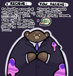  anthro beady_eyes blazer brown_body brown_fur clothing english_text fur goo_(disambiguation) hat headgear headwear humor male mammal meme mr._grizz necktie nintendo pidginplace solo splatoon suit text trade_offer ursid video_games 