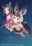  2girls :3 absurdres animal_ears bangs bat_ears bat_girl bat_wings blue_skirt blush brown_eyes brown_hair brown_long-eared_bat_(kemono_friends) brown_sweater commentary_request elbow_gloves fang fang_out fingerless_gloves flying forehead fraternal_myotis_(kemono_friends) frilled_skirt frills fur_collar gloves highres japanese_clothes kemono_friends kemono_friends_3 kimono multicolored_hair multiple_girls neckerchief night night_sky official_art pink_gloves pink_kimono pink_thighhighs pleated_skirt red_eyes short_hair short_sleeves sidelocks skirt sky sunayama_sunaco sweater thighhighs two-tone_hair white_fur white_hair wings yellow_neckerchief zettai_ryouiki 
