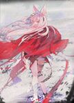  1girl absurdres animal_ears arknights cape covered_mouth feet_out_of_frame floating_hair from_behind grey_sky hair_between_eyes hair_ornament hair_over_mouth highres long_hair looking_at_viewer looking_back loopkya outdoors pink_hair pozyomka_(arknights) red_cape red_eyes snow solo wolf_ears wolf_girl 