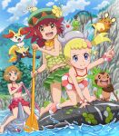  3girls :d :o absurdres afloat all_fours alternate_costume bangs bare_arms barefoot blonde_hair blue_eyes blush bonnie_(pokemon) braixen broom broom_riding chespin closed_mouth cloud collarbone commentary_request day dedenne eyelashes flabebe flower green_headwear hat highres holding holding_oar innertube mairin_(pokemon) multiple_girls navel oar on_head open_mouth outdoors pointing pokemoa pokemon pokemon_(anime) pokemon_(creature) pokemon_on_head pokemon_xy_(anime) rhyhorn riding riding_pokemon river scrunchie serena_(pokemon) shirt short_hair sky sleeveless sleeveless_shirt smile split_mouth stick swimsuit teeth toes tongue upper_teeth water water_drop waterfall wrist_scrunchie yellow_flower yellow_shirt zygarde zygarde_core 