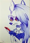  2d_artwork absurd_res anthro ballpoint_pen big_ears big_eyes canid canid_demon canine canis choker demon enginseer_cyvius female hellhound helluva_boss hi_res jewelry loona_(helluva_boss) mammal necklace pen red_eyes solo traditional_media_(artwork) wolf 