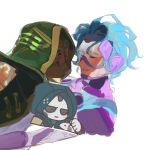  2girls android apex_legends ash_(titanfall_2) black_sclera blue_hair blush byeo_(oeybp) cable chibi chibi_inset colored_sclera covered_eyes denizen_of_the_deep_ash freckles goggles highres hood hood_up horizon_(apex_legends) leaning_forward mask mouse multiple_girls official_alternate_costume overfloater_horizon parted_lips short_hair simulacrum_(titanfall) sketch white_background yuri 