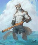  abs absurd_res anthro awaldkize black_nose blue_sky bottomwear brown_body brown_fur canid closed_smile clothed clothing cloud eyebrows eyes_closed front_view fur grey_bottomwear grey_clothing grey_hair hair hi_res holding_object male mammal mouth_closed multicolored_hair muscular muscular_anthro muscular_male navel orange_hair outside pecs portrait short_hair signature sky solo standing three-quarter_portrait topless two_tone_hair water wet wet_body wet_fur white_body white_eyebrows white_fur 