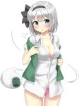  1girl black_bow black_hairband blue_eyes blush bob_cut bow bow_hairband breasts cleavage collarbone collared_shirt commentary_request cup dot_nose dress_shirt drinking ghost green_vest hairband highres hitodama holding holding_cup konpaku_youmu konpaku_youmu_(ghost) medium_breasts open_mouth panties pink_panties shirt short_sleeves simple_background solo sweatdrop touhou underwear vest white_background white_hair white_shirt white_sleeves youmu-kun 
