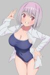  1girl absurdres blue_one-piece_swimsuit breasts competition_school_swimsuit cowboy_shot dress_shirt grey_background gridman_universe highres large_breasts light_purple_hair looking_at_viewer open_clothes open_shirt red_eyes salute school_swimsuit shinjou_akane shirt sho_(shoshos_8888) short_hair simple_background solo ssss.gridman swimsuit white_shirt 