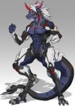  absurd_res anthro armor awaldkize black_tail blue_body cybernetics cyborg digitigrade dragon front_view full-length_portrait hair hand_on_hip hi_res horn looking_at_viewer machine male mouth_closed muscular muscular_anthro muscular_male portrait pupils red_eyes red_horn shadow short_hair simple_background slit_pupils solo standing unsigned white_hair 