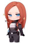  1girl animification apex_legends armor ashleigh_reid bangs belt black_belt black_bodysuit black_gloves blue_eyes bodysuit breastplate chibi gloves highres long_bangs looking_at_viewer nagoooon_114 open_hands orange_hair parted_bangs smile solo sparkle thigh_strap white_background 