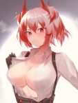  1girl absurdres arknights black_gloves blush breasts feather_hair fiammetta_(arknights) gloves highres large_breasts open_clothes open_shirt red_eyes red_hair shirt sweat unbuttoned unbuttoned_shirt white_shirt yomesuket 