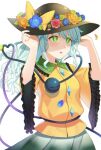  1girl :o bangs blue_gemstone blue_hair blush bow c_i_an commentary_request diamond_(shape) dress falling_petals flower frilled_shirt_collar frilled_sleeves frills gem green_eyes green_skirt hands_on_headwear hat heart highres koishi_day komeiji_koishi long_hair open_mouth petals rose shirt simple_background skirt solo third_eye touhou wavy_hair white_background yellow_bow yellow_dress yellow_shirt 