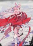  1girl absurdres animal_ears arknights cape covered_mouth feet_out_of_frame floating_hair from_behind grey_sky hair_between_eyes hair_ornament hair_over_mouth highres long_hair looking_at_viewer looking_back loopkya outdoors pink_hair pozyomka_(arknights) red_cape red_eyes solo wolf_ears wolf_girl 