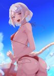  1girl absurdres au_ra avatar_(ff14) bad_source blue_sky breasts curled_horns dragon_girl dragon_horns dragon_tail final_fantasy final_fantasy_xiv highres horns innertube looking_at_viewer scales short_hair sky smile solo swimsuit tail 