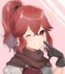  1girl anna_(fire_emblem) bangs black_gloves blush brown_scarf commentary_request finger_to_mouth fire_emblem fire_emblem_engage gloves grin hair_between_eyes hair_tie haru_(nakajou-28) index_finger_raised looking_at_viewer one_eye_closed ponytail red_eyes red_hair scarf short_hair sidelocks smile solo star_(symbol) teeth upper_body 