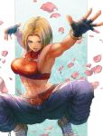  1girl :d abs bare_shoulders belt blonde_hair blue_eyes blue_mary breasts commentary_request crop_top fatal_fury fingerless_gloves full_body gloves halterneck highres jewelry looking_at_viewer midriff mitsu_plus navel necklace pants petals rose_petals short_hair sleeveless smile solo squatting straight_hair the_king_of_fighters the_king_of_fighters_xv 