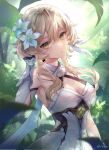  1girl armpits artist_name bangs bare_shoulders blonde_hair blurry blurry_foreground breasts cleavage commentary depth_of_field detached_sleeves dress flower genshin_impact hair_between_eyes hair_flower hair_ornament hi-na1 large_breasts lily_(flower) looking_at_viewer lumine_(genshin_impact) parted_lips scarf short_hair short_hair_with_long_locks sleeveless sleeveless_dress solo standing vambraces white_dress white_flower white_scarf white_sleeves yellow_eyes 